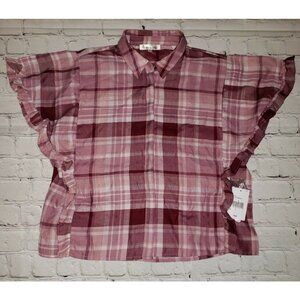 Nwt Love More Womens Medium Pink Gingham Plaid Button-Up Top